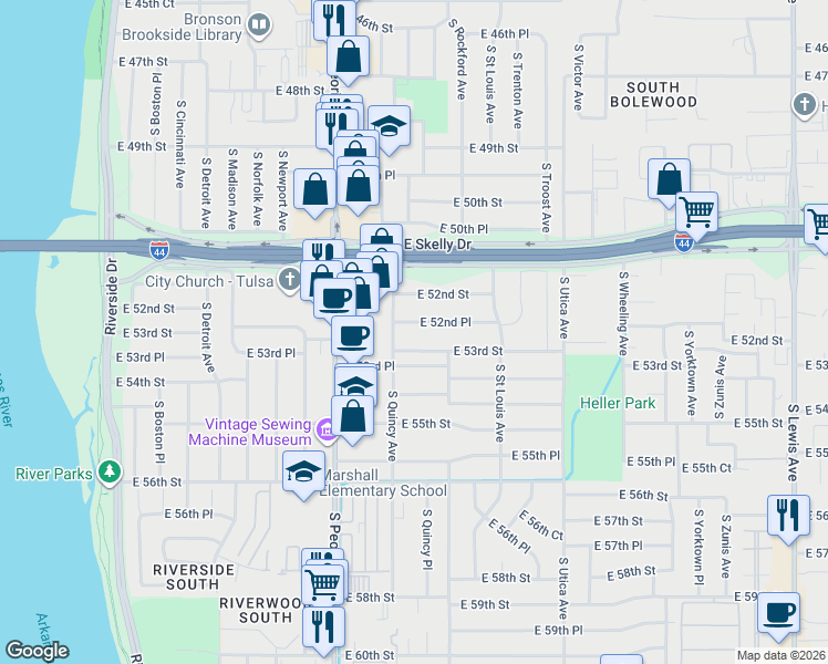 map of restaurants, bars, coffee shops, grocery stores, and more near 1407 East 53rd Street in Tulsa