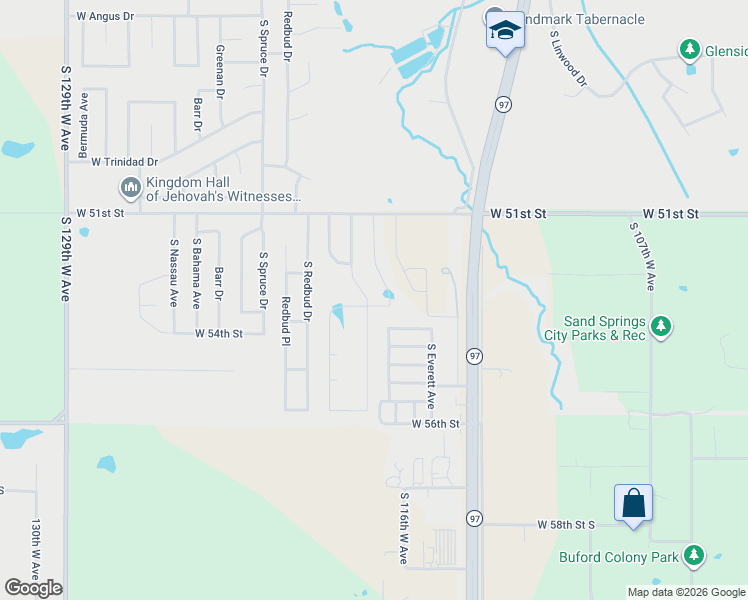 map of restaurants, bars, coffee shops, grocery stores, and more near 5237 South Walnut Creek Drive in Sand Springs