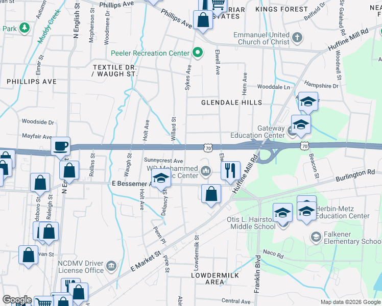 map of restaurants, bars, coffee shops, grocery stores, and more near 708 Sykes Avenue in Greensboro