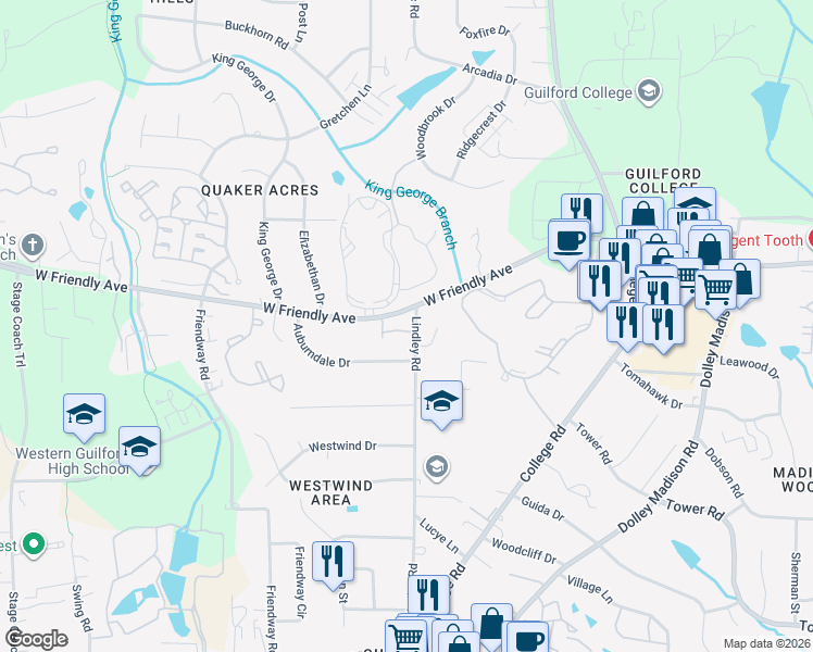 map of restaurants, bars, coffee shops, grocery stores, and more near 6104 Morgan Ashley Drive in Greensboro