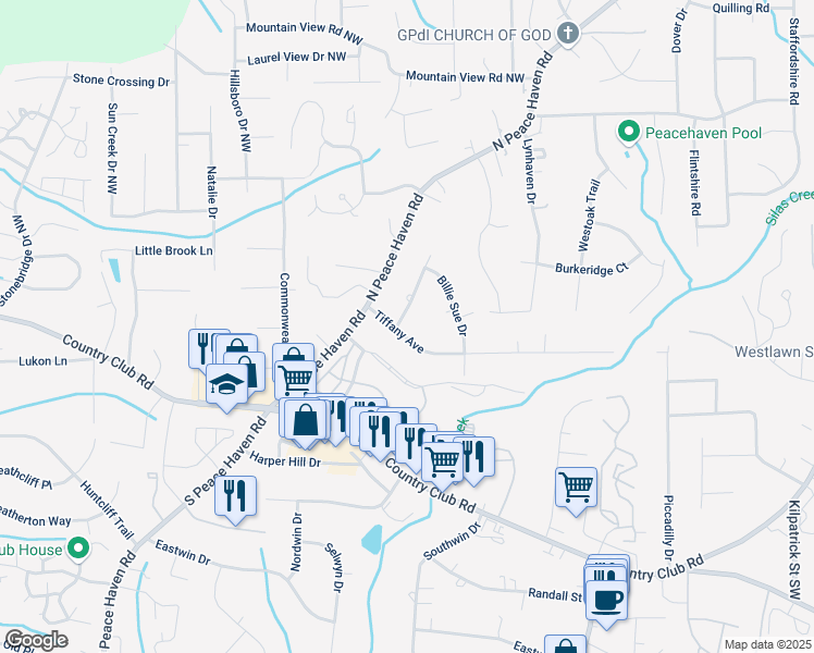 map of restaurants, bars, coffee shops, grocery stores, and more near 4920 Tiffany Avenue in Winston-Salem