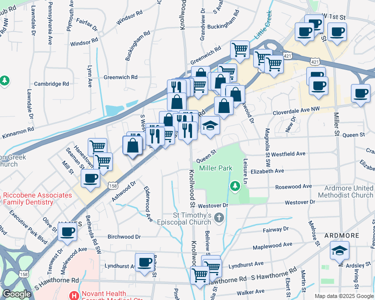 map of restaurants, bars, coffee shops, grocery stores, and more near 480 Knollwood Street in Winston-Salem