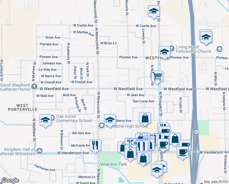 map of restaurants, bars, coffee shops, grocery stores, and more near 1181 Lindale Street in Porterville