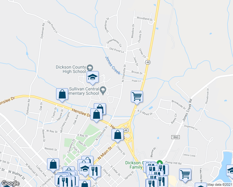 map of restaurants, bars, coffee shops, grocery stores, and more near 901 North Charlotte Street in Dickson