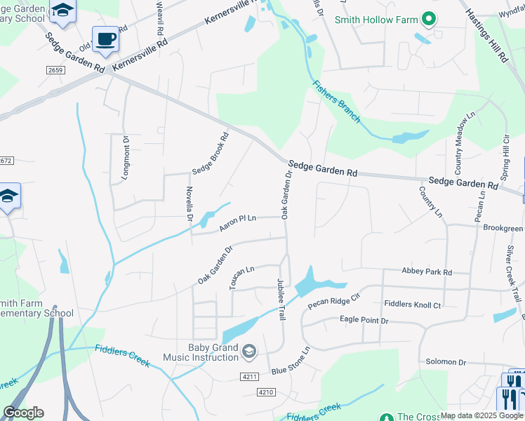 map of restaurants, bars, coffee shops, grocery stores, and more near 6041 Aaron Place Lane in Kernersville