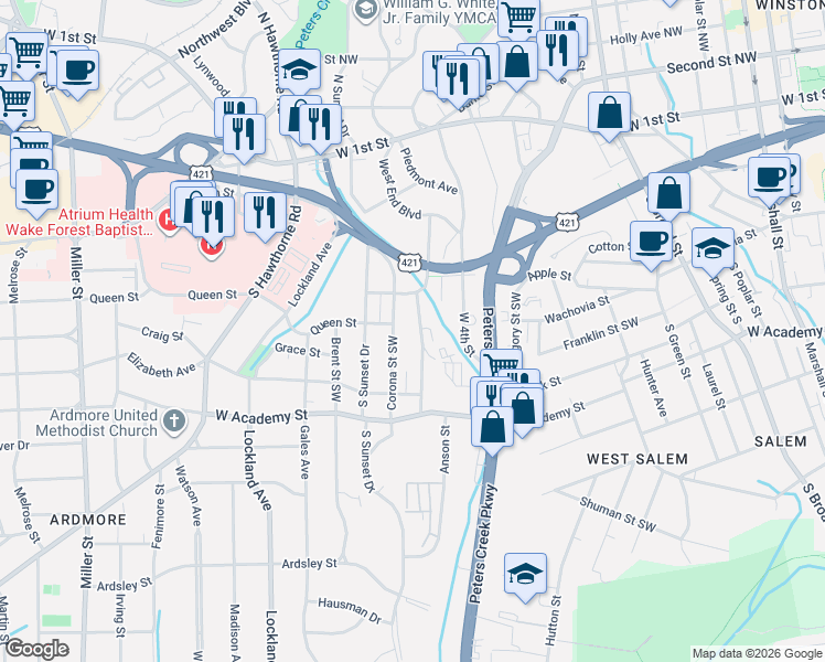 map of restaurants, bars, coffee shops, grocery stores, and more near 417 Corona Street in Winston-Salem