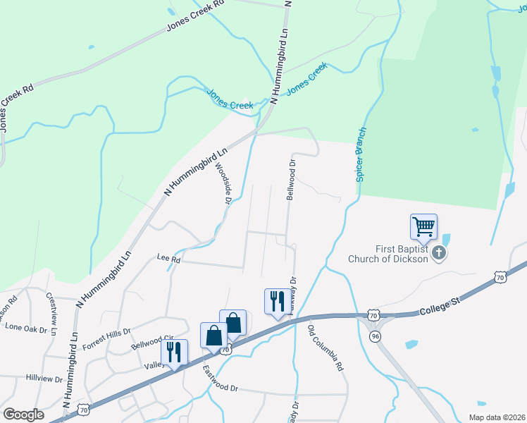 map of restaurants, bars, coffee shops, grocery stores, and more near 404 Broadview Drive in Dickson