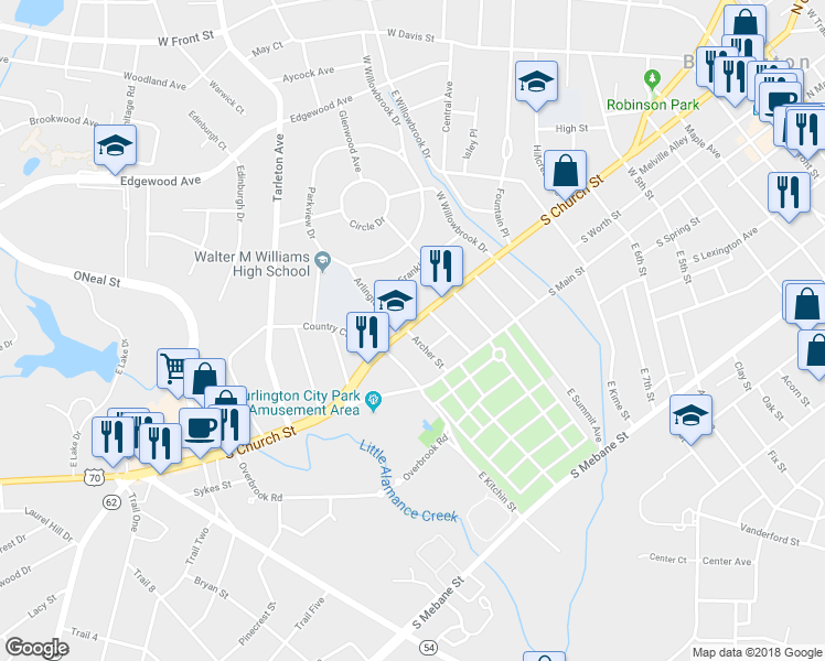 map of restaurants, bars, coffee shops, grocery stores, and more near 1258 S Church St in Burlington