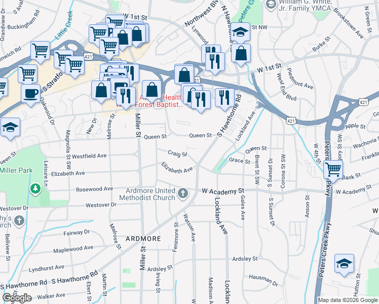 map of restaurants, bars, coffee shops, grocery stores, and more near 2025 Craig Street in Winston-Salem