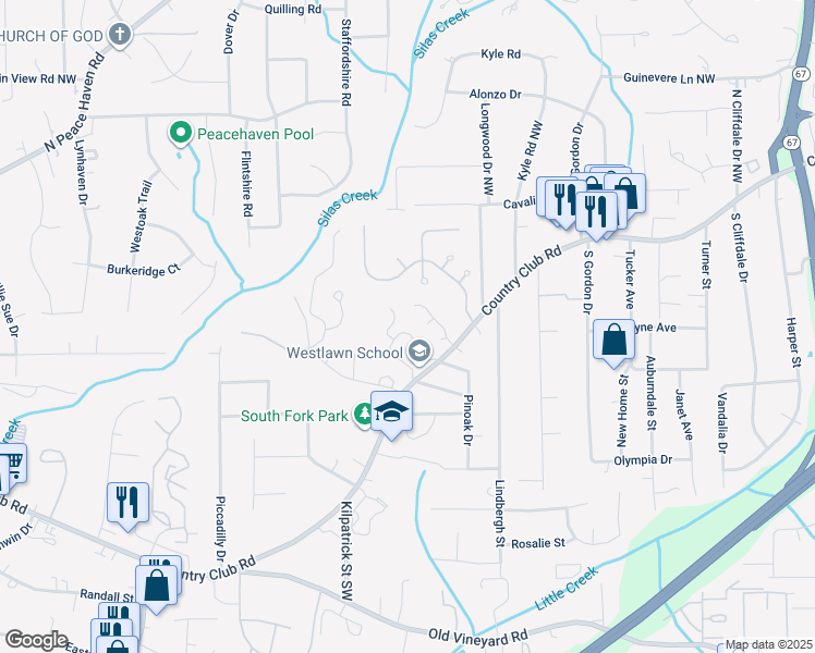 map of restaurants, bars, coffee shops, grocery stores, and more near 117 Forest View Drive in Winston-Salem
