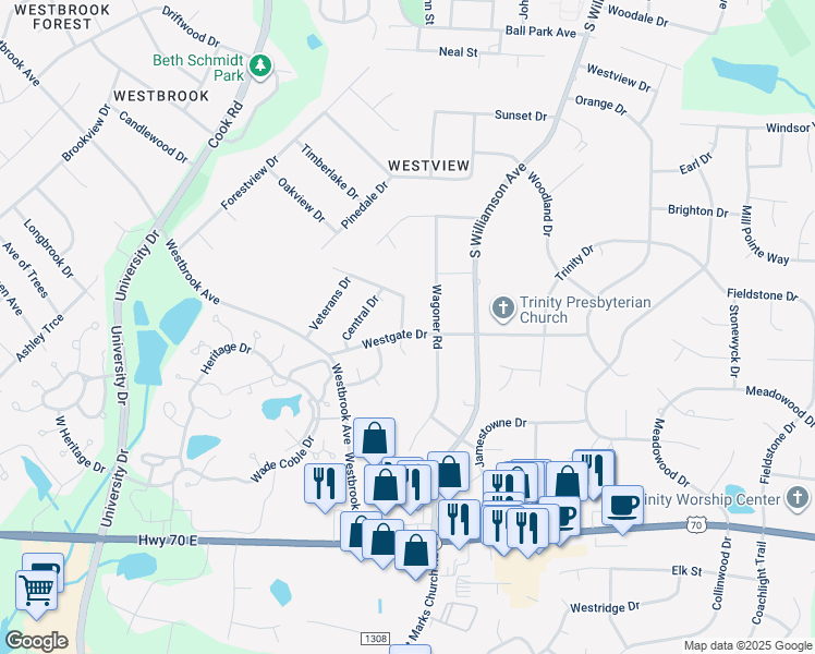 map of restaurants, bars, coffee shops, grocery stores, and more near 202 Westgate Drive in Elon