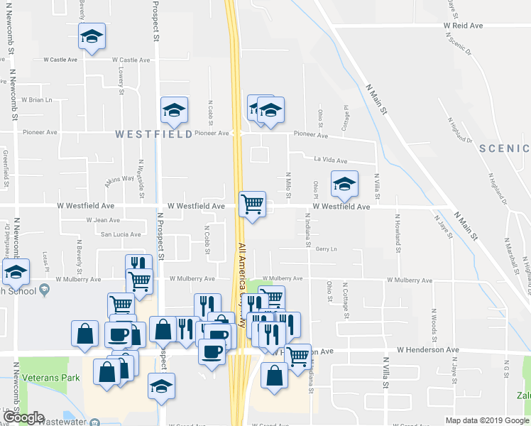 map of restaurants, bars, coffee shops, grocery stores, and more near North Jubilee Lane in Porterville
