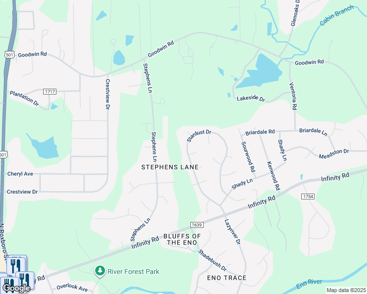 map of restaurants, bars, coffee shops, grocery stores, and more near 5305 Stardust Drive in Durham