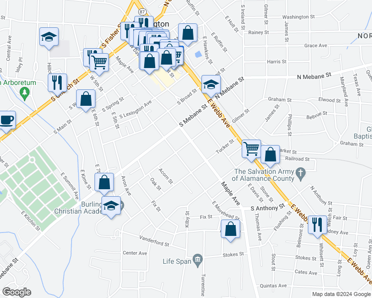 map of restaurants, bars, coffee shops, grocery stores, and more near 510 Cameron Street in Burlington