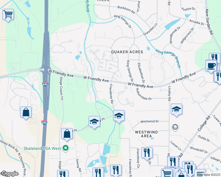 map of restaurants, bars, coffee shops, grocery stores, and more near 636 Friendway Road in Greensboro