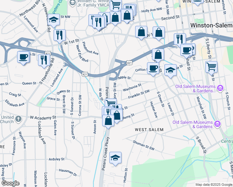 map of restaurants, bars, coffee shops, grocery stores, and more near 411 Gregory Street Southwest in Winston-Salem