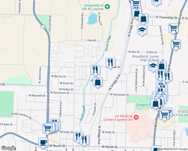 map of restaurants, bars, coffee shops, grocery stores, and more near 1882 N Pluto Drive in Fayetteville
