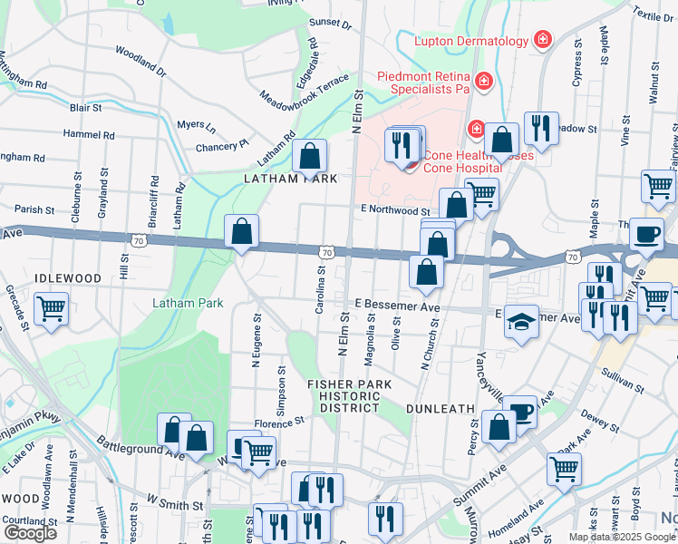 map of restaurants, bars, coffee shops, grocery stores, and more near 1013 North Elm Street in Greensboro