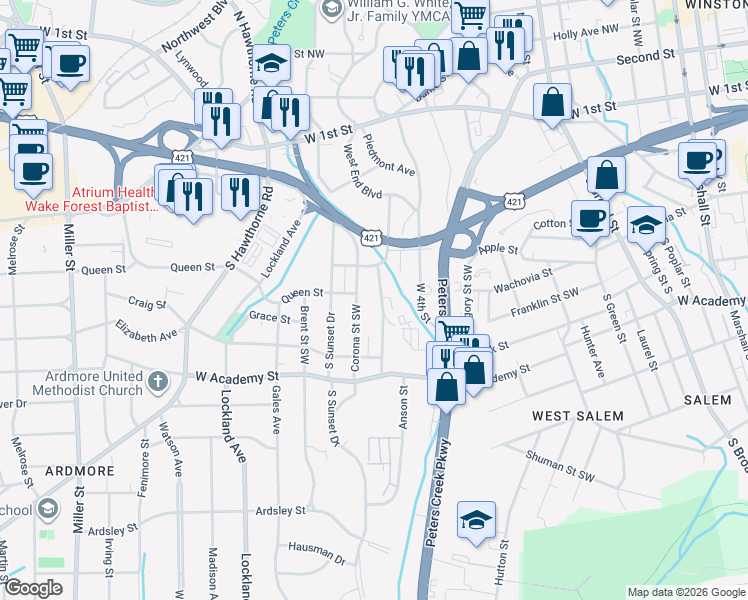 map of restaurants, bars, coffee shops, grocery stores, and more near 417 Corona Street in Winston-Salem