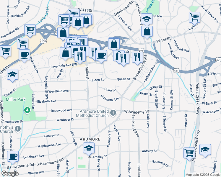 map of restaurants, bars, coffee shops, grocery stores, and more near 2061 Craig Street in Winston-Salem