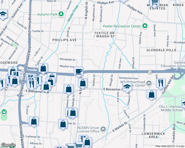 map of restaurants, bars, coffee shops, grocery stores, and more near 709 Rollins Street in Greensboro