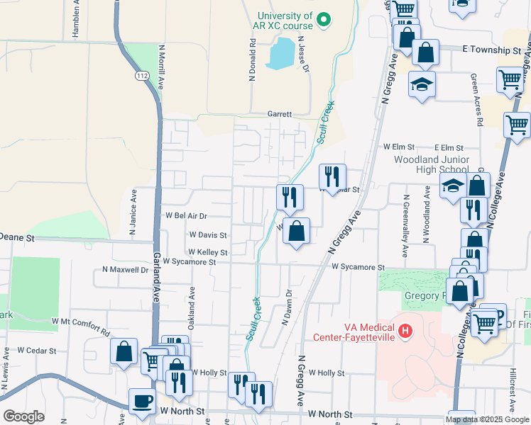 map of restaurants, bars, coffee shops, grocery stores, and more near 1838 North Scull Creek Drive in Fayetteville