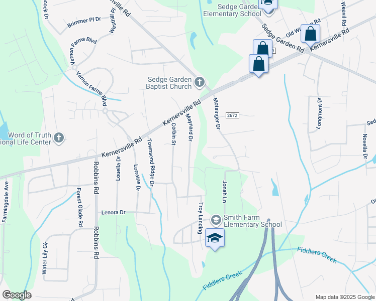 map of restaurants, bars, coffee shops, grocery stores, and more near 180 Maynard Drive in Winston-Salem