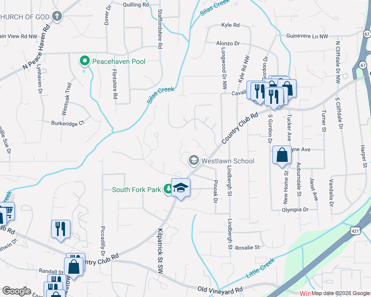 map of restaurants, bars, coffee shops, grocery stores, and more near 127 Forest View Drive in Winston-Salem