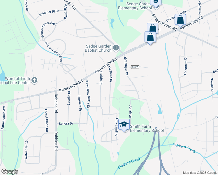 map of restaurants, bars, coffee shops, grocery stores, and more near 180 Maynard Drive in Winston-Salem