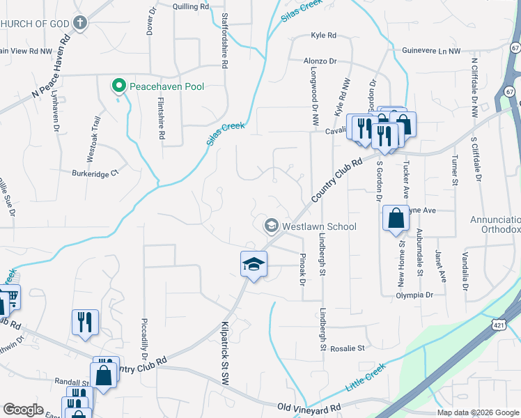 map of restaurants, bars, coffee shops, grocery stores, and more near 127 Forest View Drive in Winston-Salem