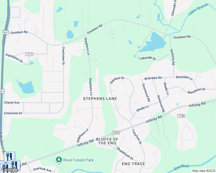 map of restaurants, bars, coffee shops, grocery stores, and more near 5305 Stardust Drive in Durham
