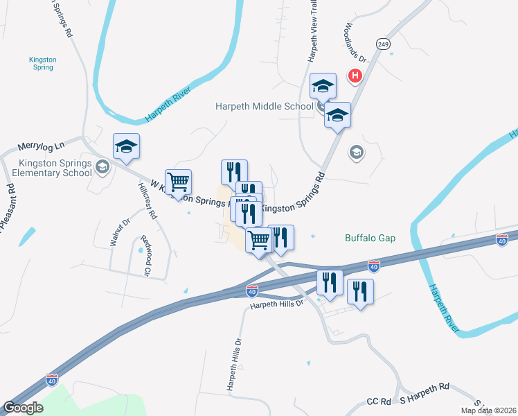 map of restaurants, bars, coffee shops, grocery stores, and more near 105 East Kingston Springs Road in Kingston Springs