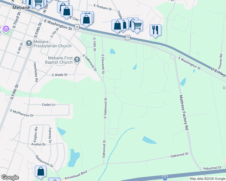 map of restaurants, bars, coffee shops, grocery stores, and more near 718 Oakwood Street Extention in Mebane