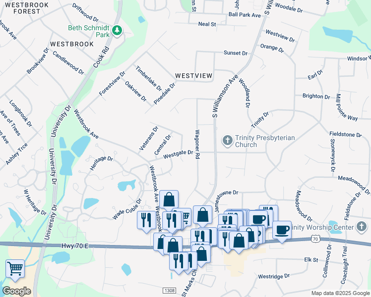 map of restaurants, bars, coffee shops, grocery stores, and more near 202 Westgate Drive in Elon