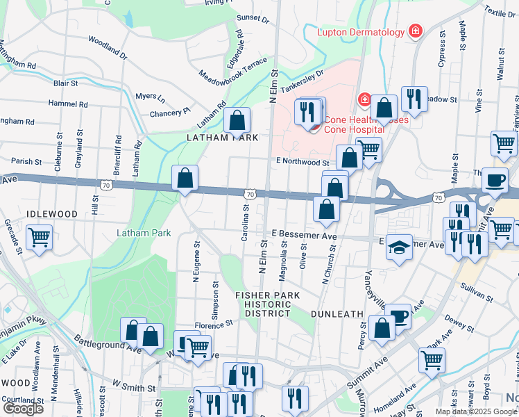 map of restaurants, bars, coffee shops, grocery stores, and more near 1013 North Elm Street in Greensboro