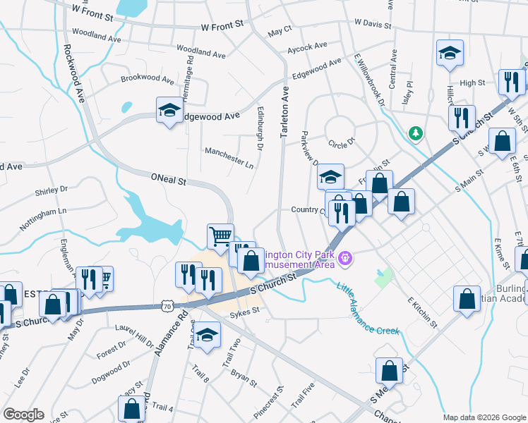 map of restaurants, bars, coffee shops, grocery stores, and more near 517 Country Club Drive in Burlington