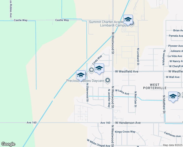 map of restaurants, bars, coffee shops, grocery stores, and more near 2573 West Westfield Avenue in Porterville