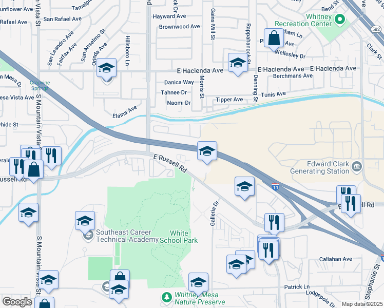 map of restaurants, bars, coffee shops, grocery stores, and more near 5180 East Russell Road in Las Vegas