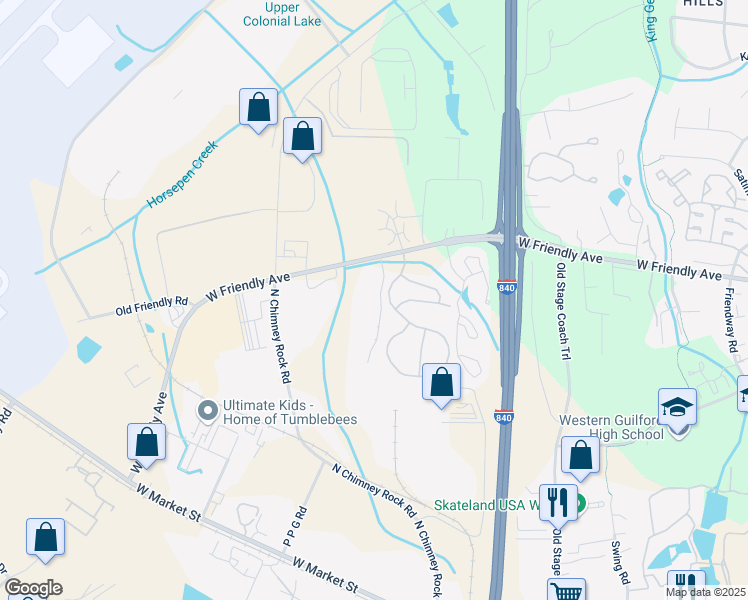 map of restaurants, bars, coffee shops, grocery stores, and more near 7131 West Friendly Avenue in Greensboro