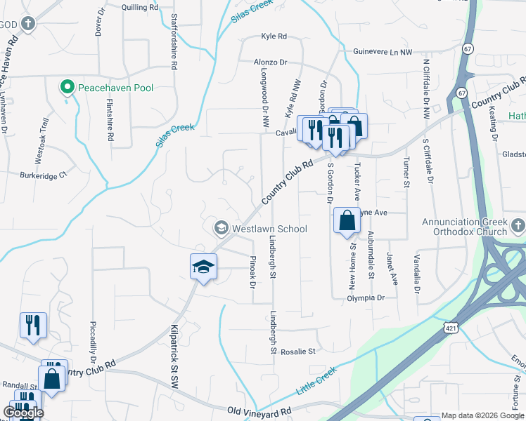 map of restaurants, bars, coffee shops, grocery stores, and more near 4214 Country Club Road in Winston-Salem