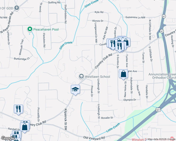 map of restaurants, bars, coffee shops, grocery stores, and more near 4201 Club Pointe Court in Winston-Salem