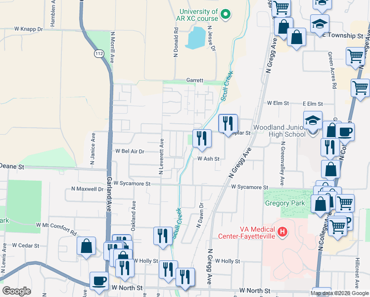 map of restaurants, bars, coffee shops, grocery stores, and more near 1838 North Scull Creek Drive in Fayetteville