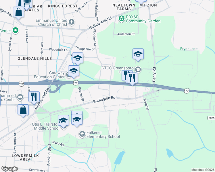 map of restaurants, bars, coffee shops, grocery stores, and more near 117 Aunt Mary Avenue in Greensboro