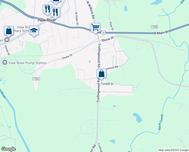 map of restaurants, bars, coffee shops, grocery stores, and more near 641 Black Angus Drive in Haw River
