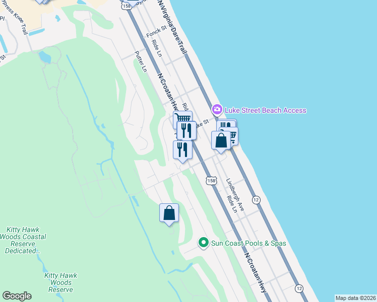 map of restaurants, bars, coffee shops, grocery stores, and more near 4704 N Croatan Hwy in Kitty Hawk