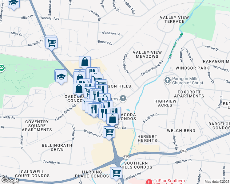 map of restaurants, bars, coffee shops, grocery stores, and more near 346 Elysian Fields Road in Nashville
