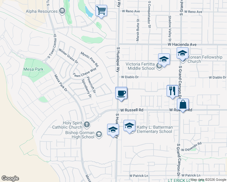map of restaurants, bars, coffee shops, grocery stores, and more near 10203 Cider Mill Road in Las Vegas
