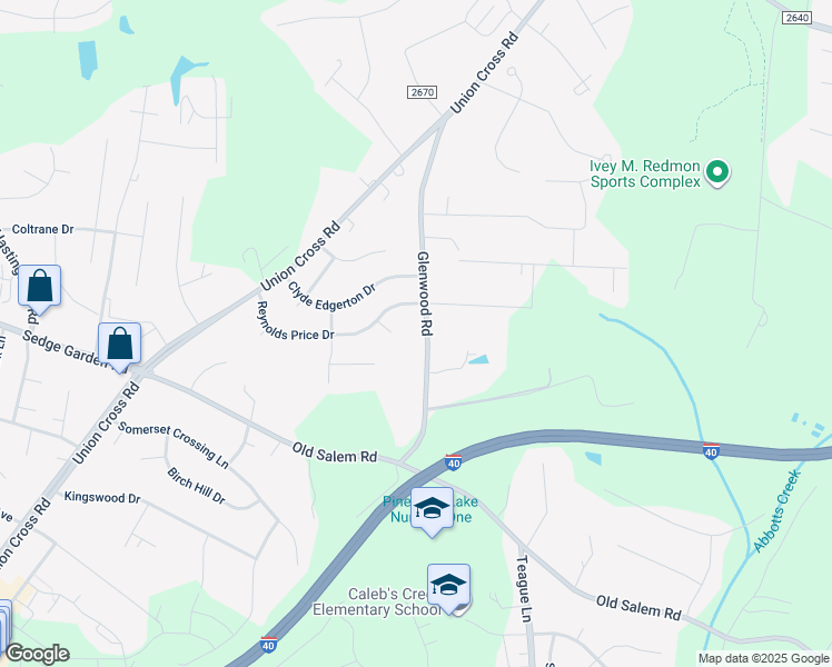 map of restaurants, bars, coffee shops, grocery stores, and more near 1356 Glenwood Road in Kernersville