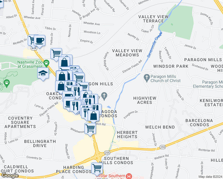 map of restaurants, bars, coffee shops, grocery stores, and more near 505 Paragon Mills Road in Nashville