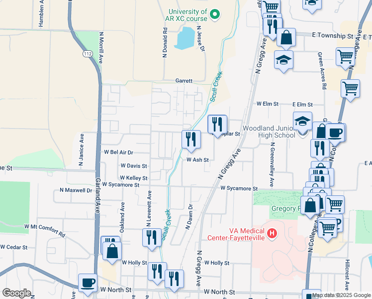 map of restaurants, bars, coffee shops, grocery stores, and more near 1882 N Pluto Drive in Fayetteville